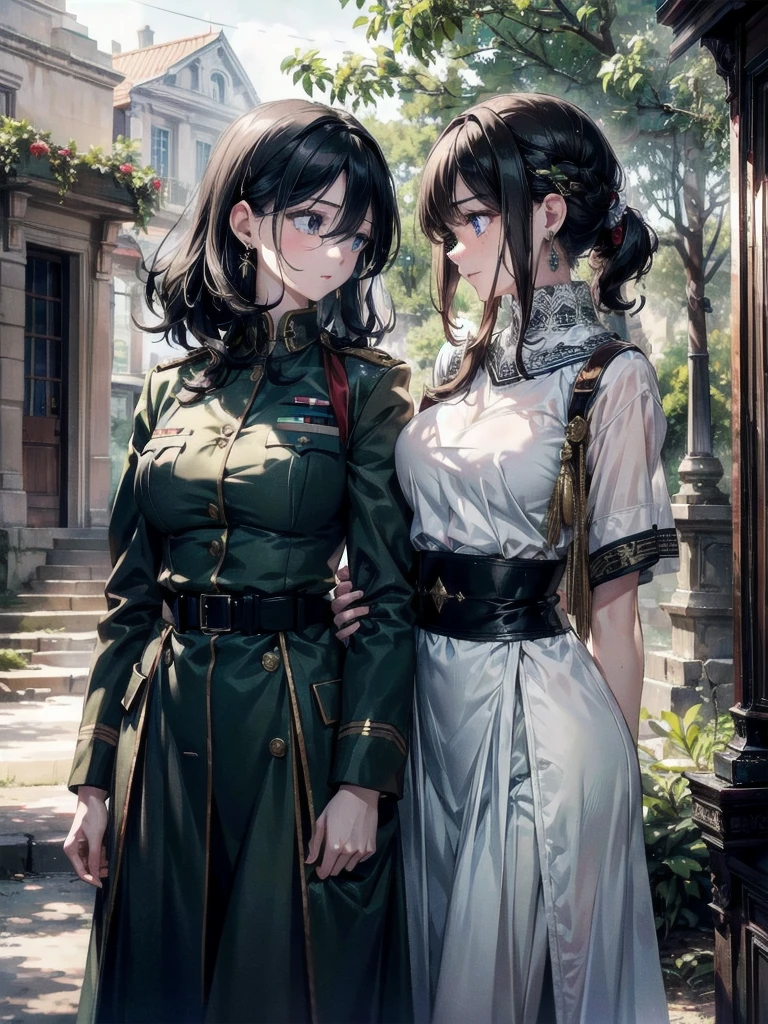 absurdres, RAW photo, extremely delicate and beautiful, masterpiece, Best Quality, ultra high resolution, 32k, hyperrealistic, ultra-detailed, detailed description, perfect anatomy, pale skin, 20 years old, detailed beautiful face and eyes, tearful mole, earring, short medium hair, wavy hair, whole body shot, colossal tits, ((yuri)), (((2 girls))), ((military uniform)), outdoors, 