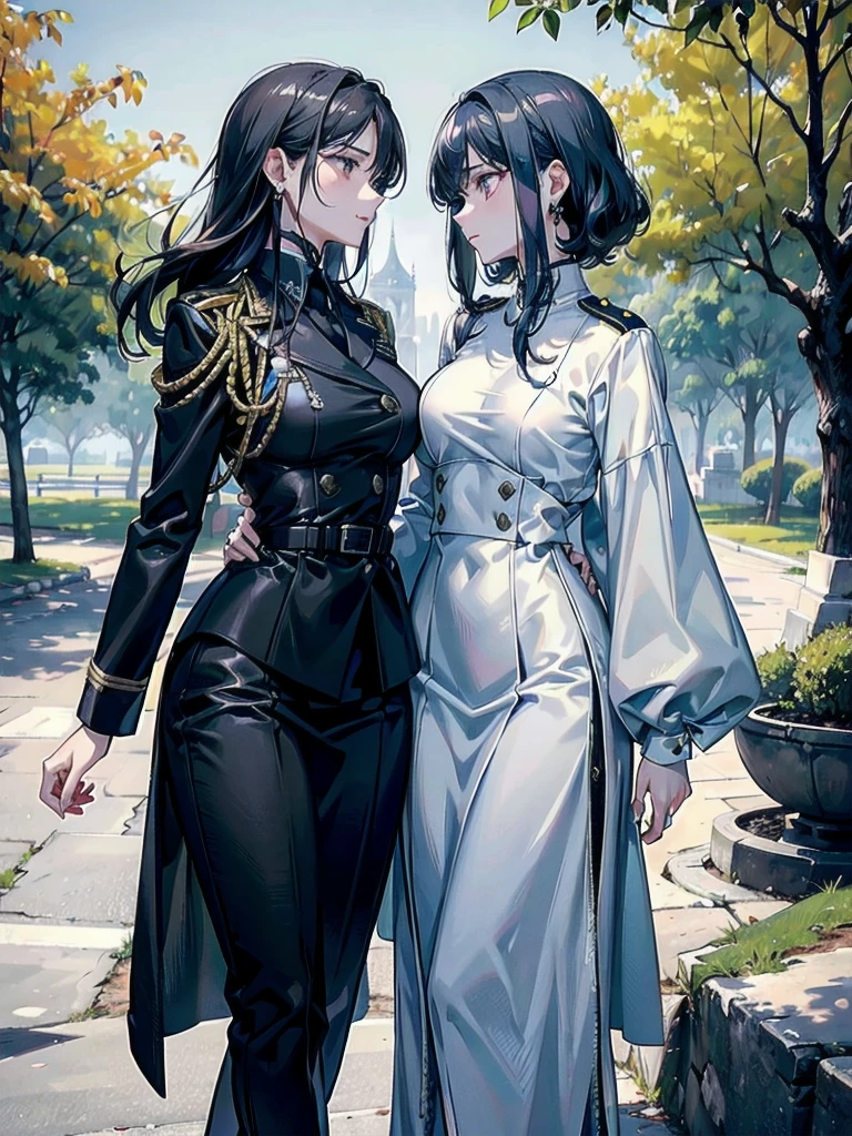 absurdres, RAW photo, extremely delicate and beautiful, masterpiece, Best Quality, ultra high resolution, 32k, hyperrealistic, ultra-detailed, detailed description, perfect anatomy, pale skin, 20 years old, detailed beautiful face and eyes, tearful mole, earring, short medium hair, wavy hair, whole body shot, colossal tits, ((yuri)), (((2 girls))), ((military uniform)), outdoors, 