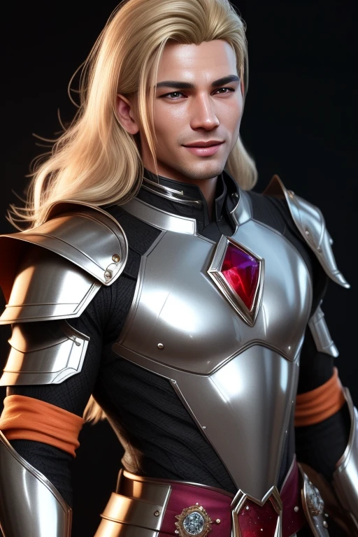 3d HDR photorealistic ultra realism high definition aesthetic stabilized diffusion picture of handsome hunky Warrior Venut , blonde hair , orange ruby transparent sparkling shiny crystal glass chrome outfit armor,,look at camera, detailed facial parts,, studio as background, Freestyle Pose, Happy Expression, perfect anatomy, symmetric body,, 18 years old, :: high detail, a lean athletic body, realistic, human skin, extremely detailed fingers, chad chin,, masculine, human skin, (eyes contact), gorgeous, Attractiveness