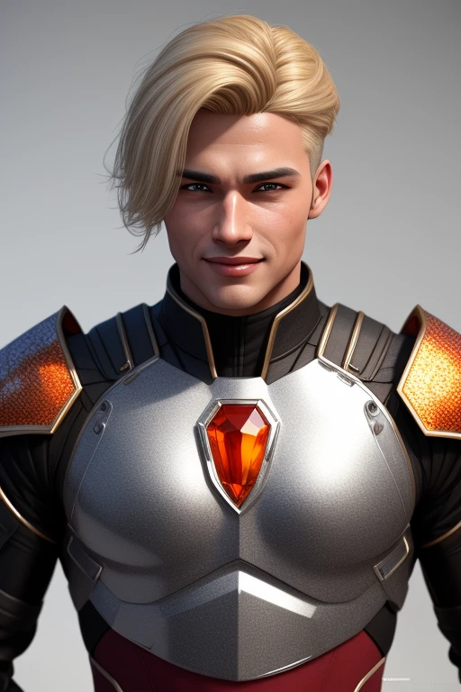 3d HDR photorealistic ultra realism high definition aesthetic stabilized diffusion picture of handsome hunky Warrior Venut , blonde hair , orange ruby transparent sparkling shiny crystal glass chrome outfit armor,,look at camera, detailed facial parts,, studio as background, Freestyle Pose, Happy Expression, perfect anatomy, symmetric body,, 18 years old, :: high detail, a lean athletic body, realistic, human skin, extremely detailed fingers, chad chin,, masculine, human skin, (eyes contact), gorgeous, Attractiveness