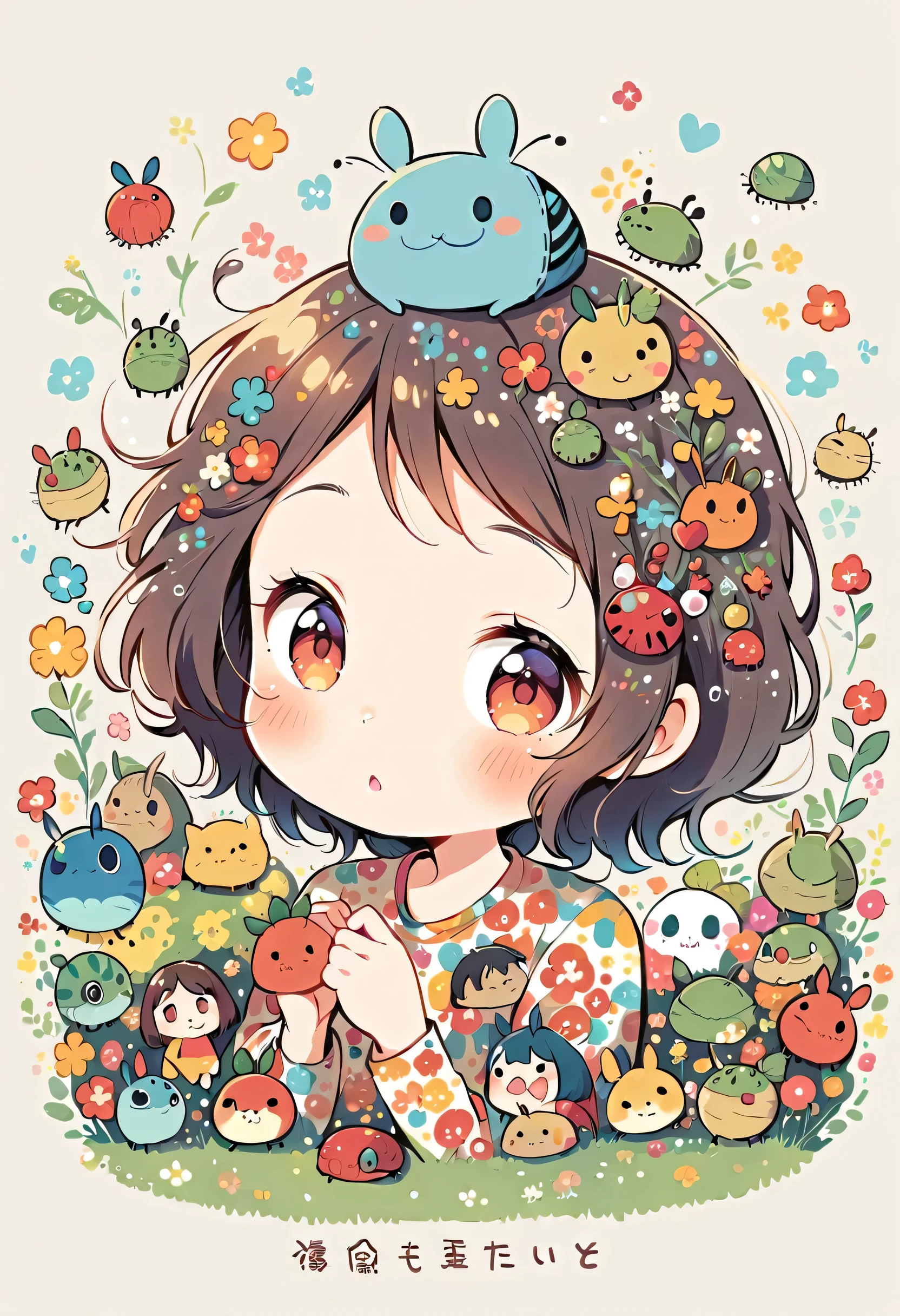 hayao miyazaki style, Kawaii Design, (((10 people)))、most beautiful girl ever、Chibi, Colorful bob hair、((Lots of friends))、(((Cute pillbug)))、Totoro Forest