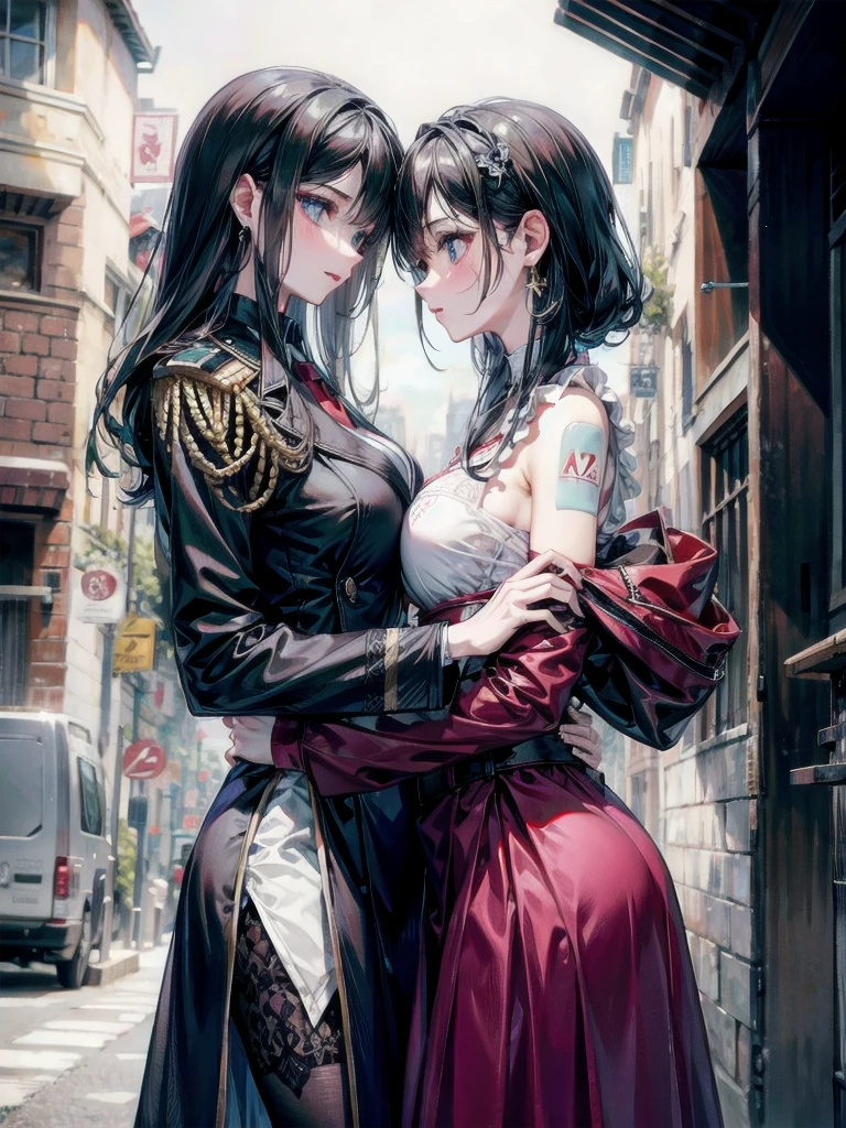 absurdres, RAW photo, extremely delicate and beautiful, masterpiece, Best Quality, ultra high resolution, 32k, hyperrealistic, ultra-detailed, detailed description, perfect anatomy, pale skin, 20 years old, detailed beautiful face and eyes, tearful mole, earring, short medium hair, wavy hair, whole body shot, colossal tits, ((yuri)), (((2 girls))), ((military uniform)), outdoors,