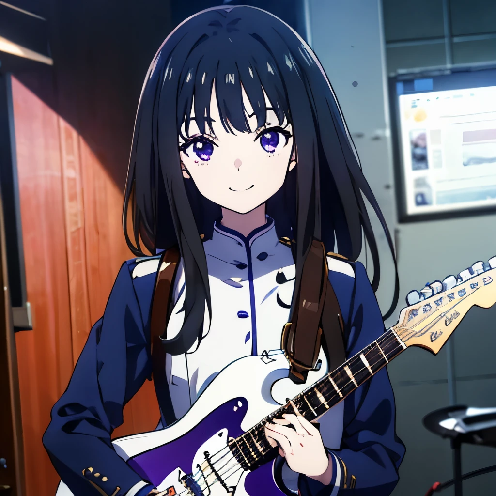 Masterpiece、(((1 person)))、Delicate eyes、Takina Inoue、Long Hair、Black Hair、Purple Eyes、smile、Upper Body、Blue Uniform、(((Holding a guitar)))