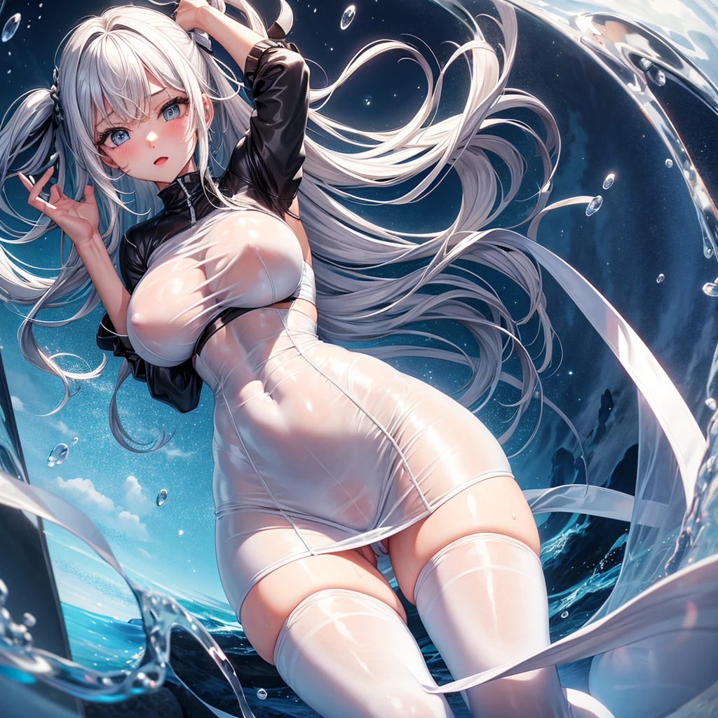 Cute Girl in tight small revilling white thin transparent  wet small skirt, gigantic boobs, gigantic hips, skin highly  visible, wears very tight transparent wet leggings 