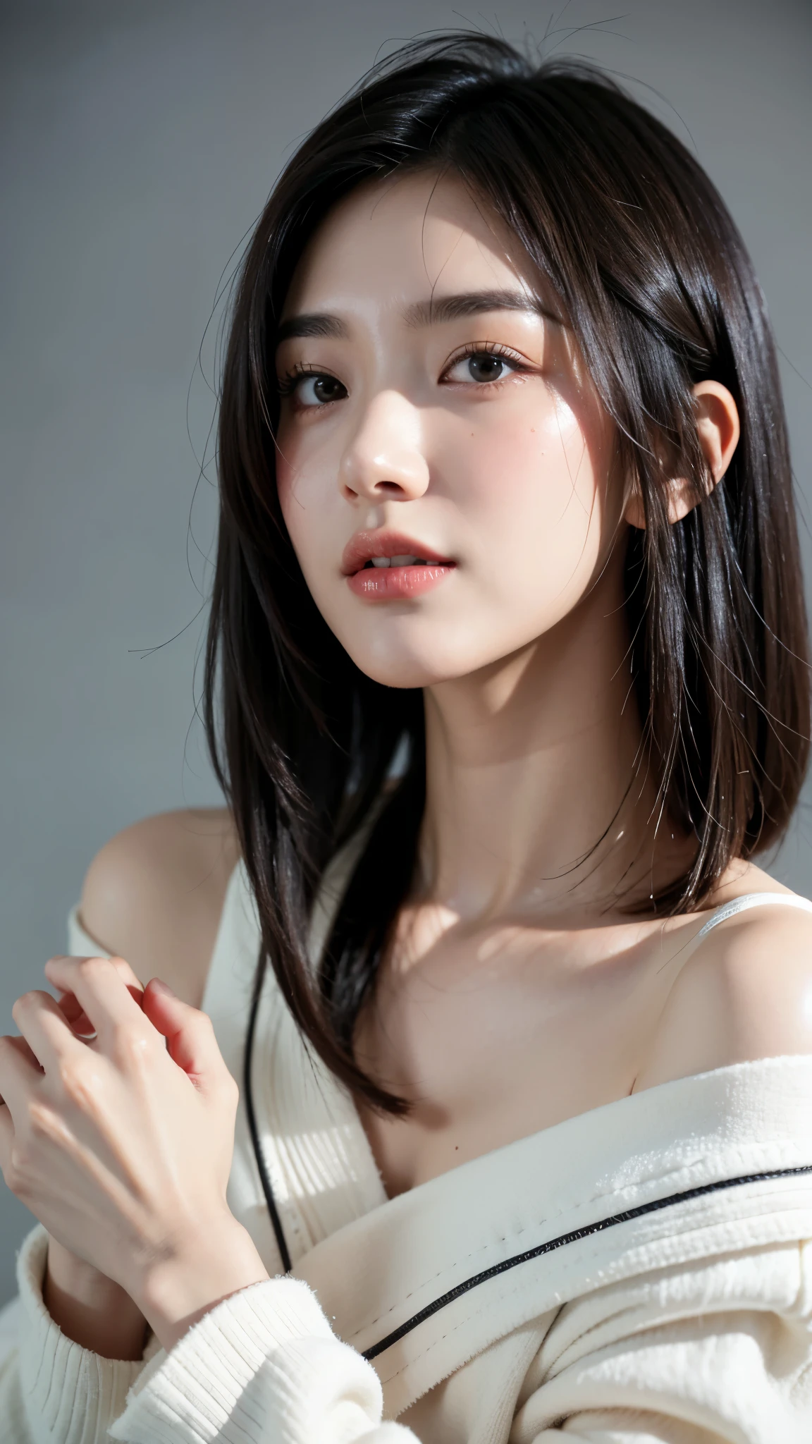 (((Close-up of face)))、(((Absolutely shoulder-length brown straight short bob)))、(((She is posing like a hair salon model, with a black wall indoors as the background.)))、(((Casual black winter long sleeves with shoulders covered)))、Half Japanese, half Korean、18 year old girl、Standing Alone、Looking forward、Light eye makeup、Brown Hair Color、Flat and 、Hair blowing in the wind、Actress Quality、Glossy, ultra-realistic face、Smiling face、Watery eyes、Gazing Up、Subtle lighting effects、 Ultra-Realistic Capture、Very detailed、High resolution 16K close up of human skin。Skin texture must be natural、The details must be such that pores can be clearly seen、The skin is healthy、Uniform tone、Use natural light and colors、A worn-out, high-quality photo taken by a model agency&#39;s in-house photographer.、smile、(((SIGMA 300 mm F/1.4,1/1000 sec shutter,ISO 400))) 