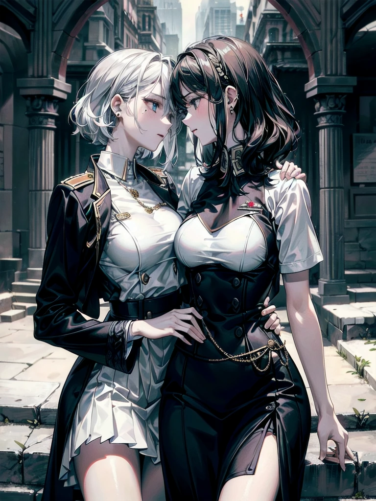 absurdres, RAW photo, extremely delicate and beautiful, masterpiece, Best Quality, ultra high resolution, 32k, hyperrealistic, ultra-detailed, detailed description, perfect anatomy, pale skin, 20 years old, detailed beautiful face and eyes, tearful mole, earring, short medium hair, wavy hair, whole body shot, colossal tits, ((yuri)), (((2 girls))), ((military uniform)), outdoors,