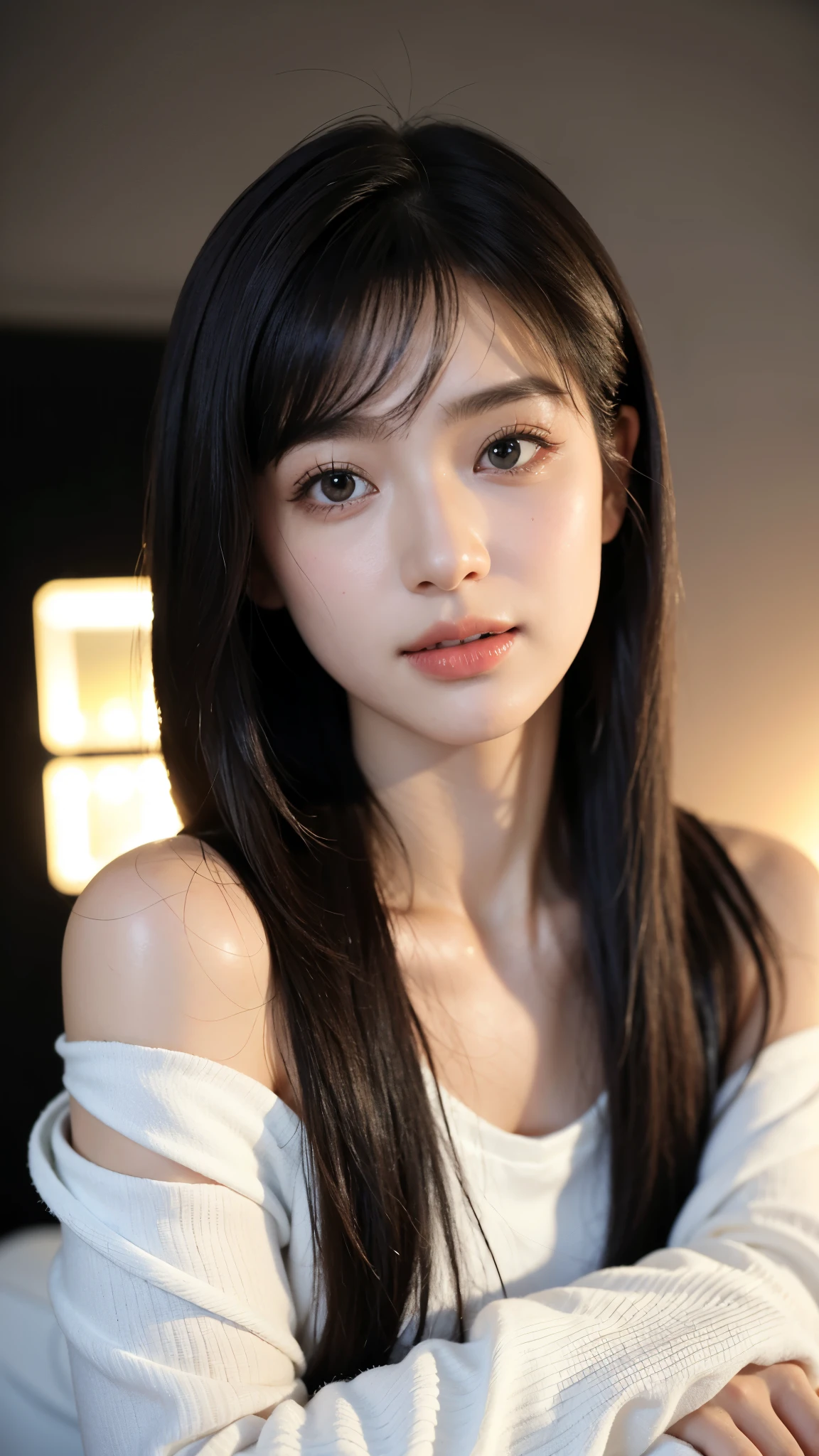 (((Close-up of face)))、(((Absolutely shoulder-length brown straight short bob)))、(((She is posing like a hair salon model, with a black wall indoors as the background.)))、(((Casual black winter long sleeves with shoulders covered)))、Half Japanese, half Korean、18 year old girl、Standing Alone、Looking forward、Light eye makeup、Brown Hair Color、Flat and 、Hair blowing in the wind、Actress Quality、Glossy, ultra-realistic face、Smiling face、Watery eyes、Gazing Up、Subtle lighting effects、 Ultra-Realistic Capture、Very detailed、High resolution 16K close up of human skin。Skin texture must be natural、The details must be such that pores can be clearly seen、The skin is healthy、Uniform tone、Use natural light and colors、A worn-out, high-quality photo taken by a model agency&#39;s in-house photographer.、smile、(((SIGMA 300 mm F/1.4,1/1000 sec shutter,ISO 400))) 