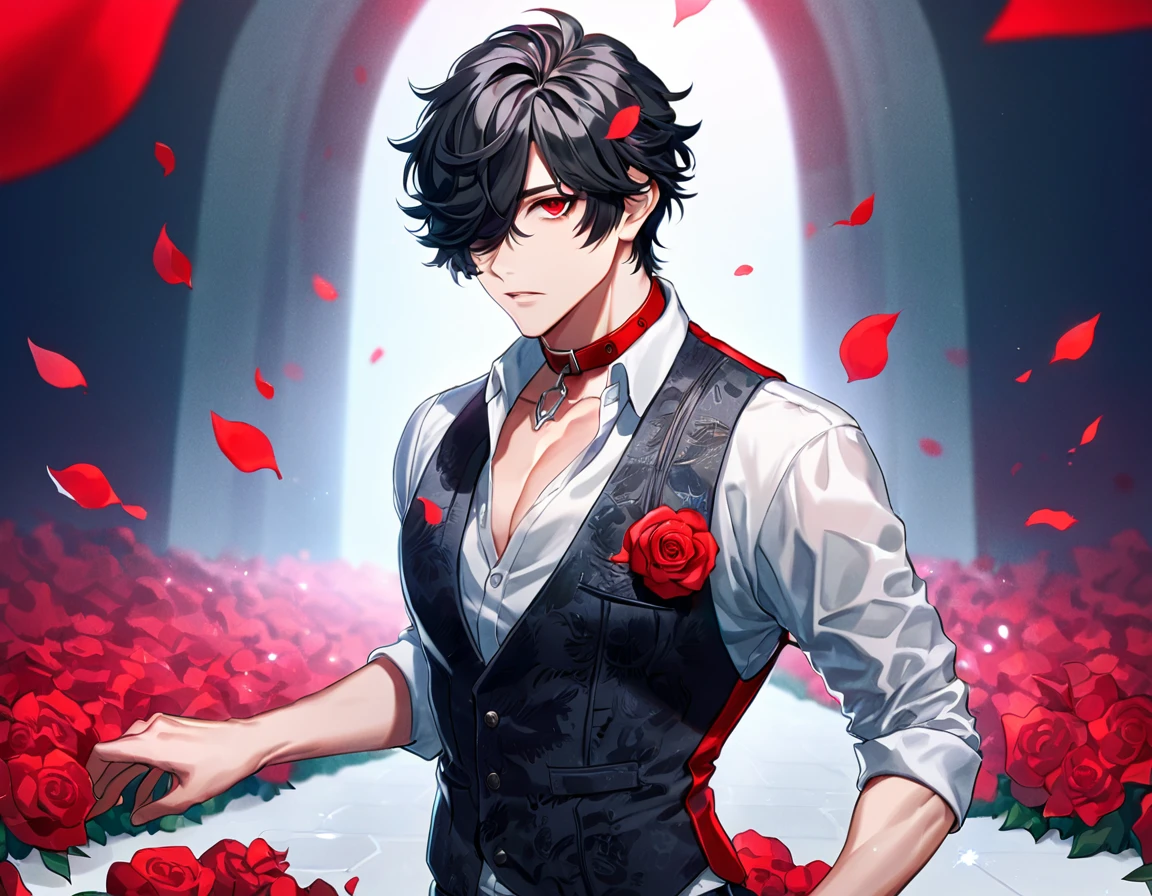 (absurdres, highres, ultra detailed, HDR), masterpiece, best quality, Louis, somewhat untamed black hair, hair over the right eye, expressive red eyes, Code Vein, solo, sexy man, handsome, white shirt with rolled-up sleeves, with the collar unbuttoned; over this, he wears a vest that gradually fades from red to black, red roses, magical, fantasy, glittering red fireflies, red garden, red petals