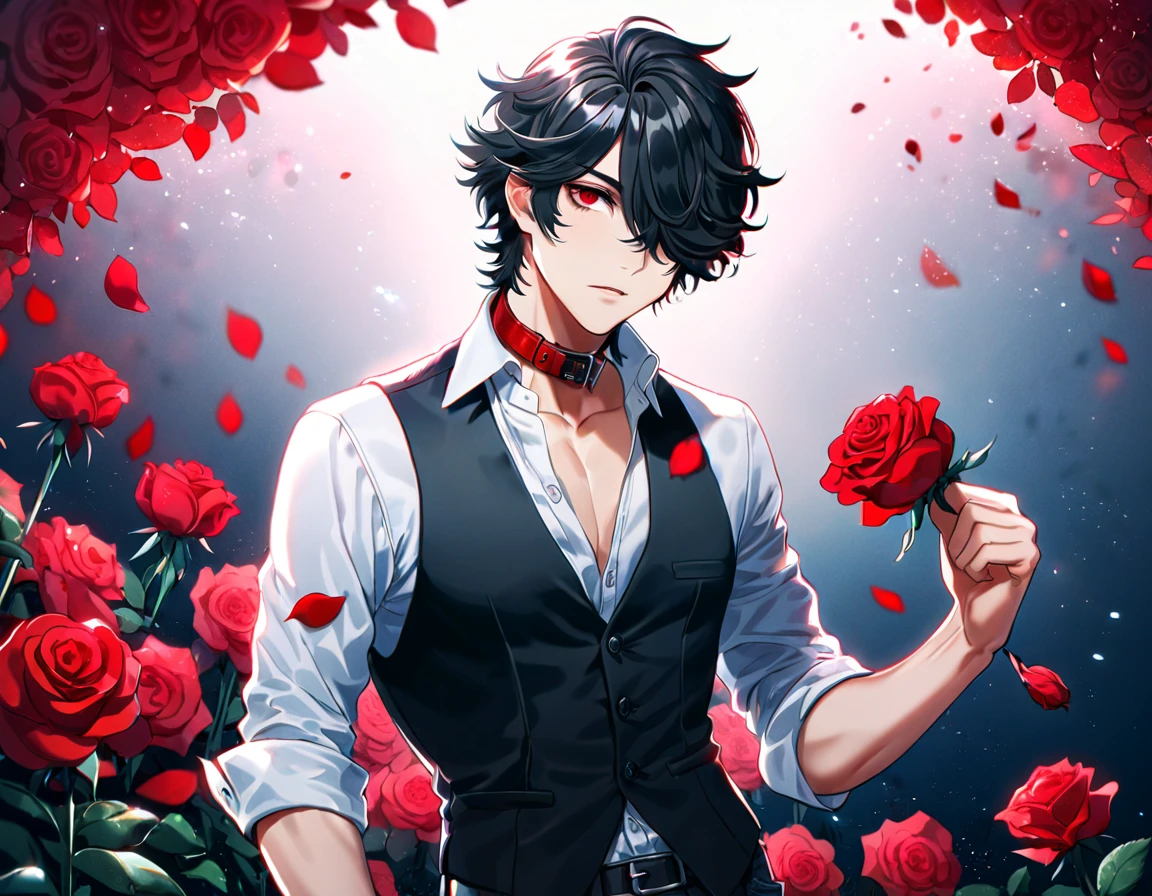 (absurdres, highres, ultra detailed, HDR), masterpiece, best quality, Louis, somewhat untamed black hair, hair over the right eye, expressive red eyes, Code Vein, solo, sexy man, handsome, white shirt with rolled-up sleeves, with the collar unbuttoned; over this, he wears a vest that gradually fades from red to black, red roses, magical, fantasy, glittering red fireflies, red garden, red petals