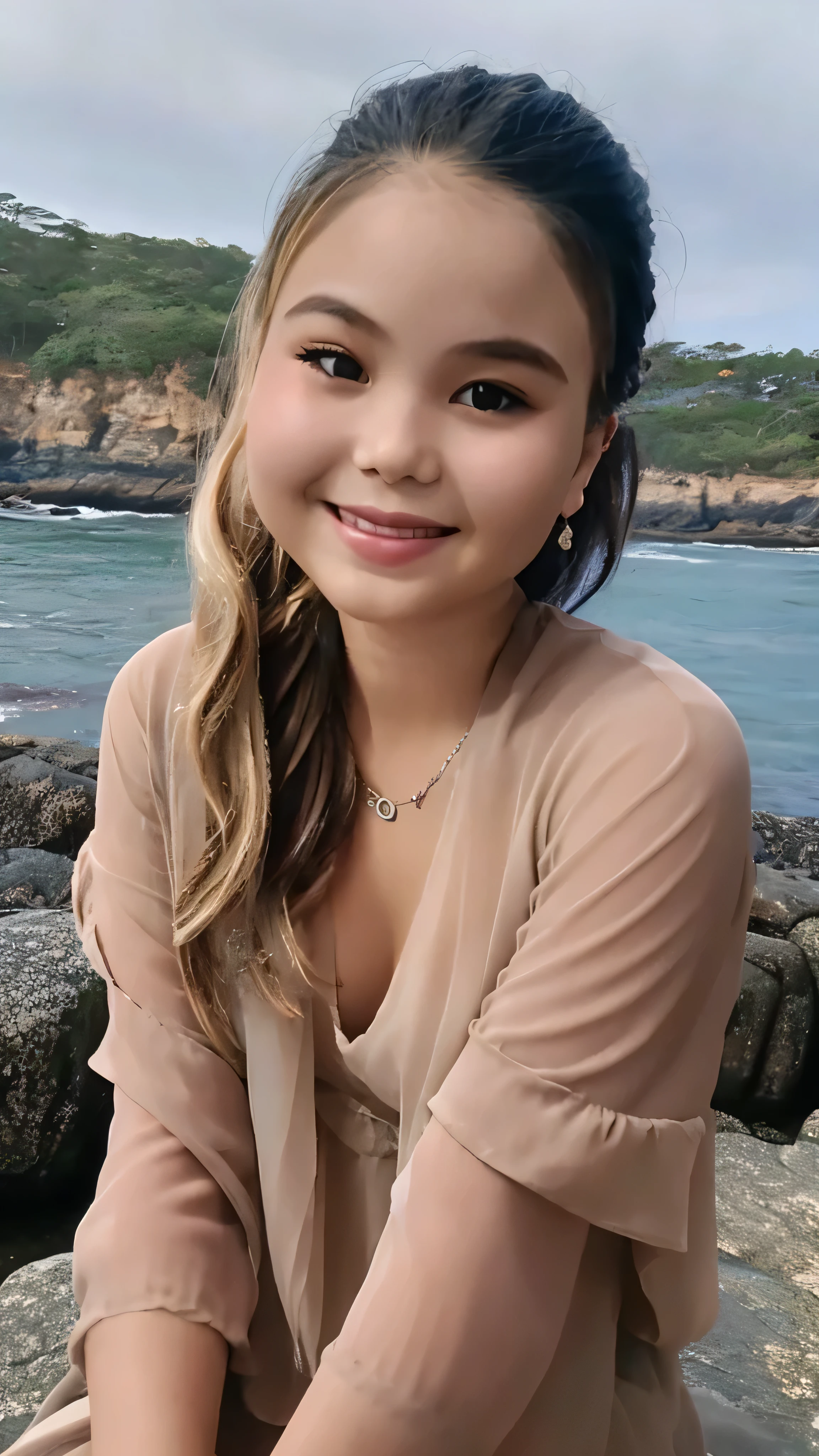 1 girl, alone, looking at the viewer, dark blonde long hair, hair is tied up, sheer mini dress, brown eyes, Coastal rocky background, small breast , smile, realistic, masterpiece, 最high quality, high quality, High resolution,