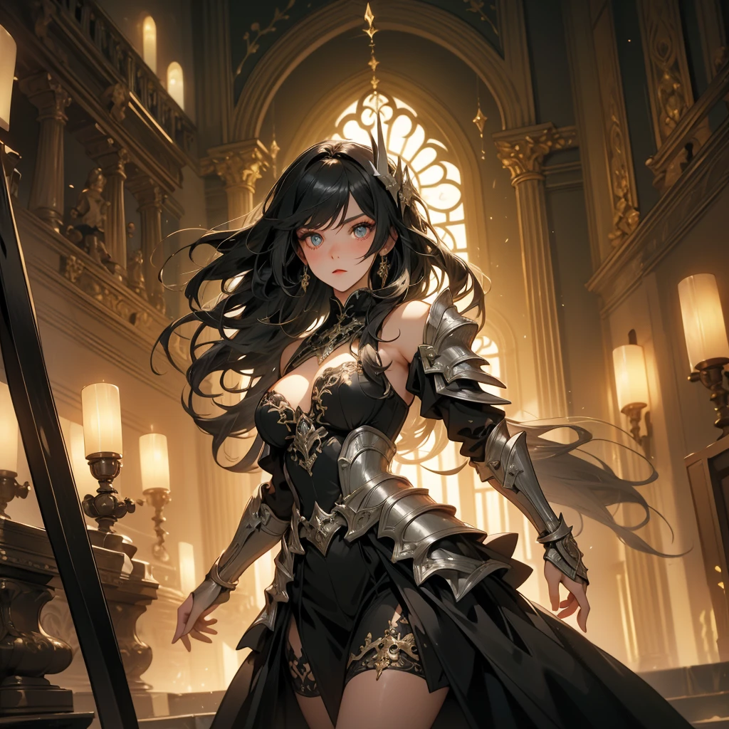 A breathtaking artwork of a female character of unimaginable beauty, set in a dark and opulent environment. The full-body view reveals an impressive figure, exuding an aura of power and mystery. She wears black and gold clothes, radiating a luxurious darkness. Her armor is detailed and characteristic, with intricate golden designs that shimmer in the dim light. Ornate shoulder pads protect her shoulders, and the armor perfectly molds to her body, accentuating her formidable presence. Her long black hair flows like a river of darkness, contrasting with her mesmerizing scarlet eyes. Her beauty is almost supernatural, a perfect blend of grace and menace. She wields a cursed blade that seems to pulse with malevolent energy, enhancing her aura of danger. The setting around her is a gothic and luxurious environment, with dark arches and stained glass windows that filter a supernatural light. In the background, candles flicker, casting dancing shadows on the intricately carved stone walls. It is a place that blends elegance and terror, perfectly reflecting the essence of the character.