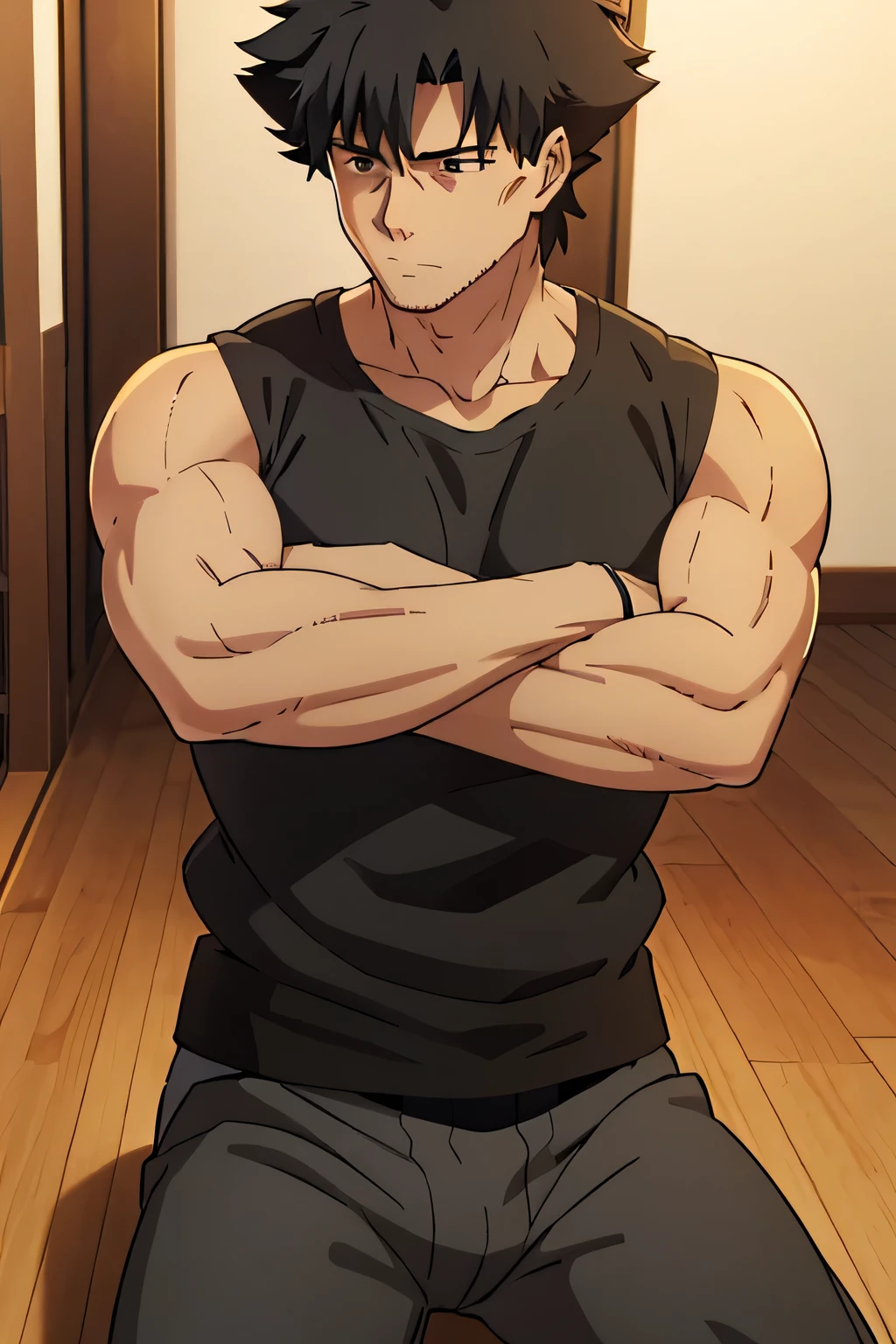 Kiritsugu is sitting and flexing his biceps and abs. He wears black short boxershorts. You can see his thighs. He is admiring his muscles. He has bulging veins on his arms. He wears a black tshirt with short sleeves. His right sleeve is completely rolled up so you can see his entire arm and shoulder. He is showing his abs too.