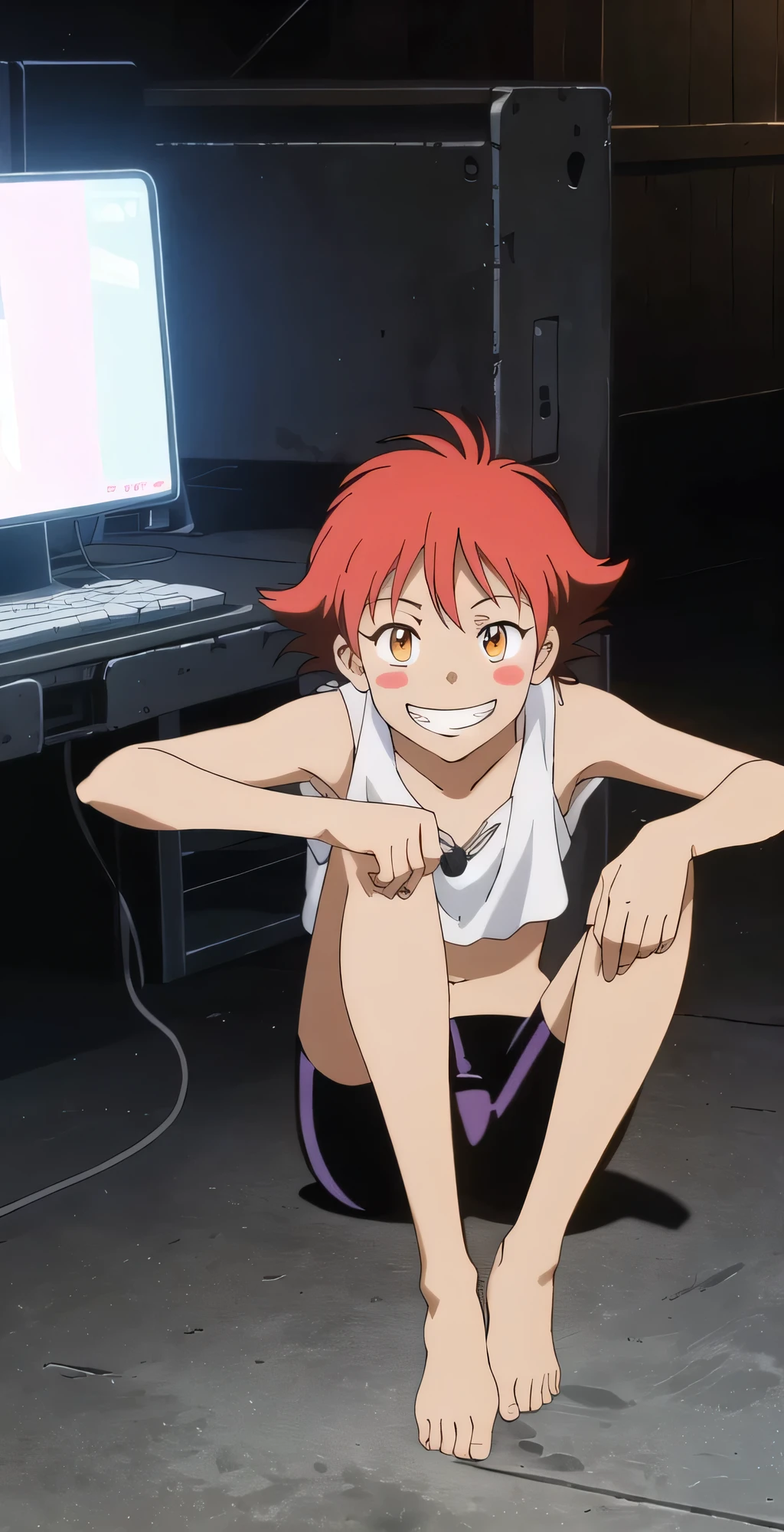 Edward, 1girl, solo, looking at viewer, blush stickers, flat chest, tank top, goggles, stomach, black bike shorts, big grin smile, legs folded, typing, computer, on floor, glowing light, perfect quality, good quality, masterpiece, HDR, UHD 