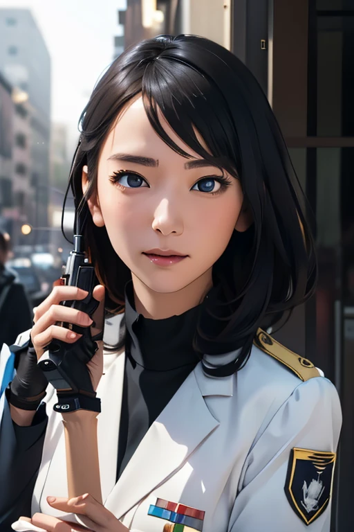 survival game、Black combat uniform、survival gameのフィールド、A beautiful girl is holding a pistol、head to waste、