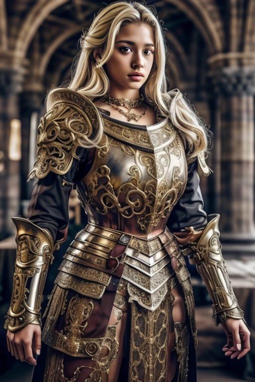 8k、Masterpiece、One Girl, 19 years old, alone, Long Hair, Huge breasts、Curved waist、Big Ass, View Viewer, Blonde, Brown eyes, gem, whole body, necklace, Ornate metal armor, Realistic, Glamorous