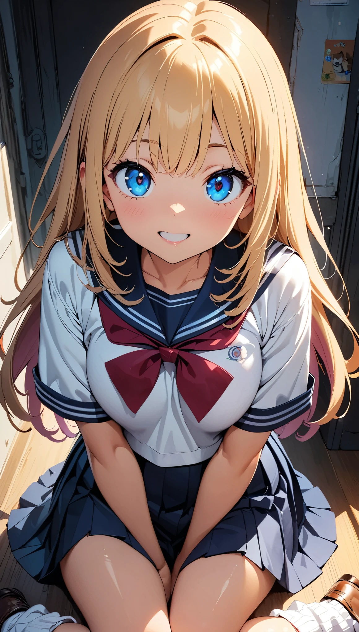 (highest quality:1.2, 4K, 8k, Studio Anime, Very detailed, Latest, Vibrant, High detail, High Contrast, masterpiece:1.2, highest quality, Best aesthetics), (((1 girl))), Sit and pose, jk, Sailor suit, Pleated skirt, loose socks, loafers, Please open your mouth a little:1.2, smile, Dynamic Angle, look up:1.3, Friendly atmosphere, Beautiful Hair, Shiny Hair, Beautiful Skin, detailed face and eyes, Glossy lips, female curvy beauty, Striking contrast,