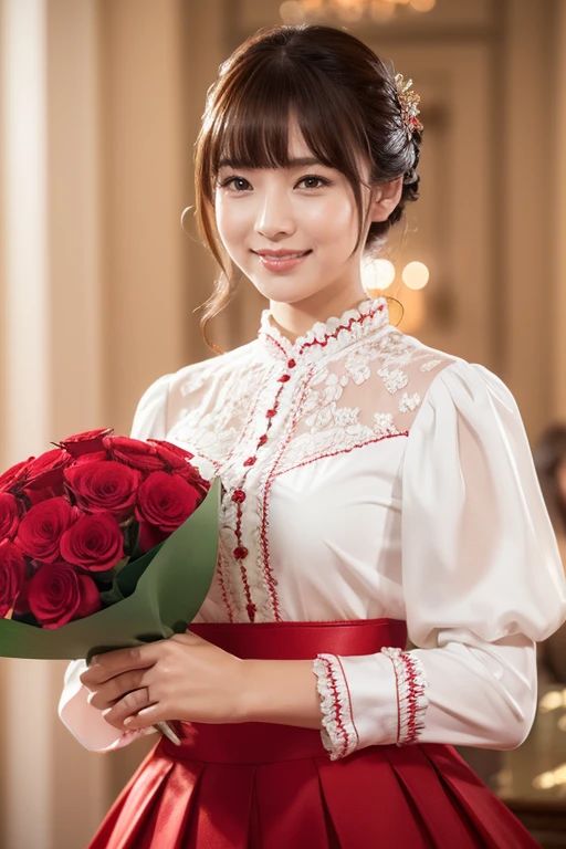 Medium display, Medium Shot, Depth of written border, bust, Upper Body, Movie angle, masterpiece, highest quality, Very detailed, CG, 8k wallpaper, Beautiful Face, Delicate eyes, Otome, alone, smile, bangs, skirt, shirt, have, Crimson Dress, bow, petal, bouquet