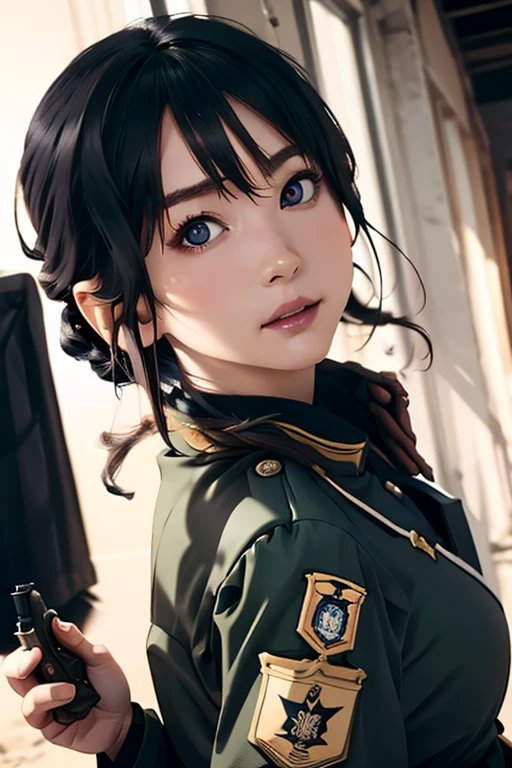 survival game、Black combat uniform、survival gameのフィールド、A beautiful girl is holding a pistol、head to waste、