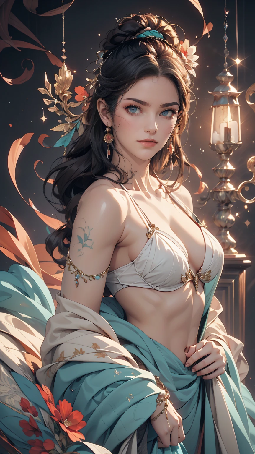 (masterpiece, highest quality, highest quality, Official Art, Beauty and aesthetics: 1.2), (One girl: 1.3), (Fractal Art: 1.3), Bright aqua blue eyes, Medium length hair with tassels, Nude midpart