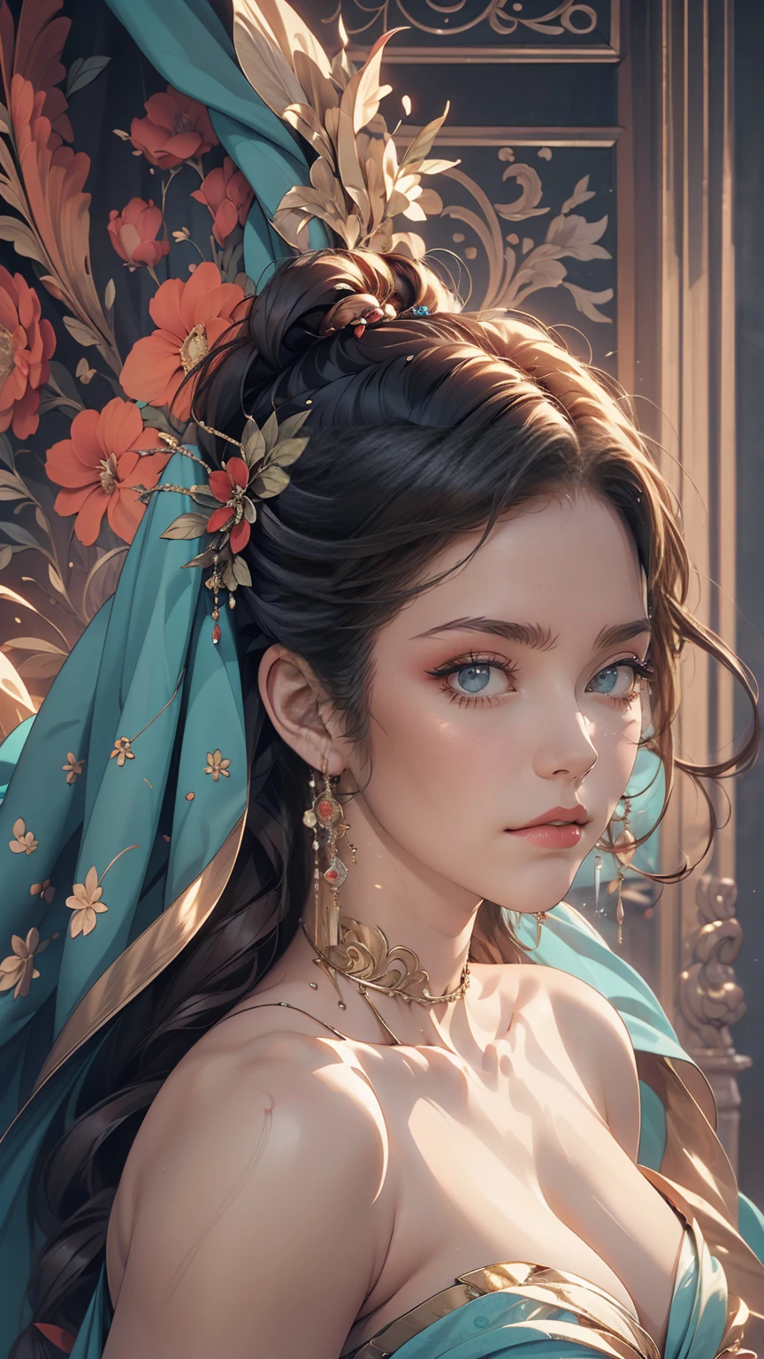 (masterpiece, highest quality, highest quality, Official Art, Beauty and aesthetics: 1.2), (One girl: 1.3), (Fractal Art: 1.3), Bright aqua blue eyes, Medium length hair with tassels, Nude midpart