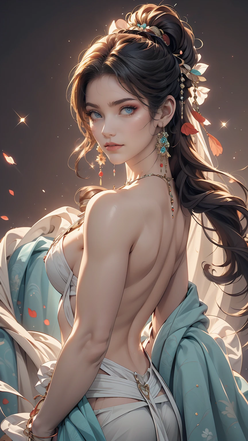 (masterpiece, highest quality, highest quality, Official Art, Beauty and aesthetics: 1.2), (One girl: 1.3), (Fractal Art: 1.3), Bright aqua blue eyes, Medium length hair with tassels, Nude midpart