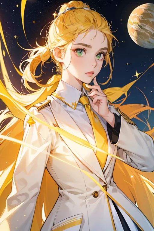 she has a tall, pale head with green eyes. sHe has round, tan eyebrows, star-shaped hair on each side of his head, and  yellow stars . sHe wears a white labcoat with a blue tie and star-shaped pockets. On top of her head is a large orange planet with a yellow ring around it. SPARKLE; GLITTER