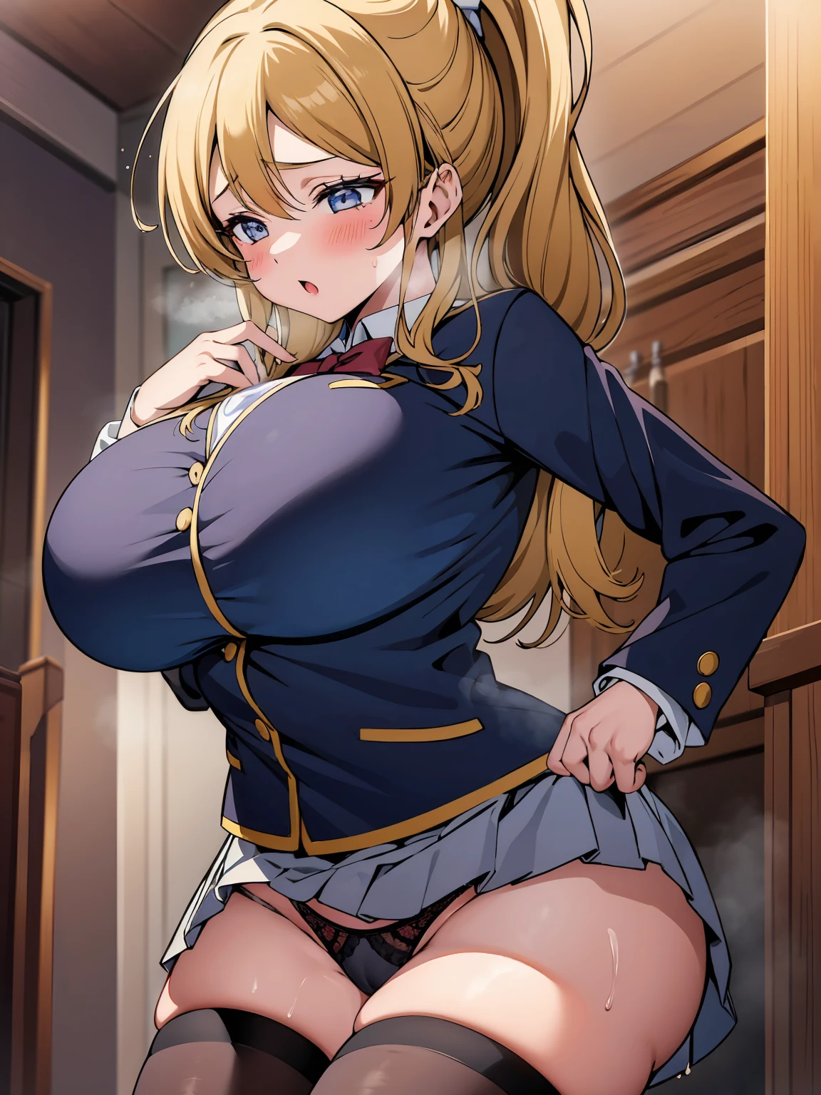 Eri Ayase、Beautiful woman、cry、ponytail、Blazer uniform、Very short pleated skirt、Very thick thighs、Photo session、Acme Face、Best image quality、High resolution、masterpiece、super high quality、Thick pubic hair、Screaming orgasm face、Black panties、Black Bra、Very big ass、Very large breasts 、Blushing、4K quality、Blushing、cry of ecstasy、Wearing black knee socks、Sweaty all over、Heavy breathing、Cowboy Shot、Shaking breasts、上下にShaking breasts、Cowboy Shot、{highest quality}, {so beautiful}, {Very detailed}, {Best illustrations}, Browsing Caution, girl,