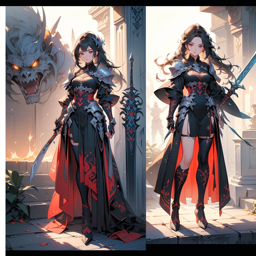 Design a layout showcase Gaming character, (1girl). Red+Black clothes, stylish and unique, ((showcase weapon:1.4)), flaming sword, (masterpiece:1.2), (best quality), 4k, ultra-detailed, (Step by step design, layout art:1.5), (luminous lighting, atmospheric lighting), demon, ((glove full hands)), (((revealing clothes:1.3))), vambraces, armored legwear, (((full_body_shot:1.4))).
