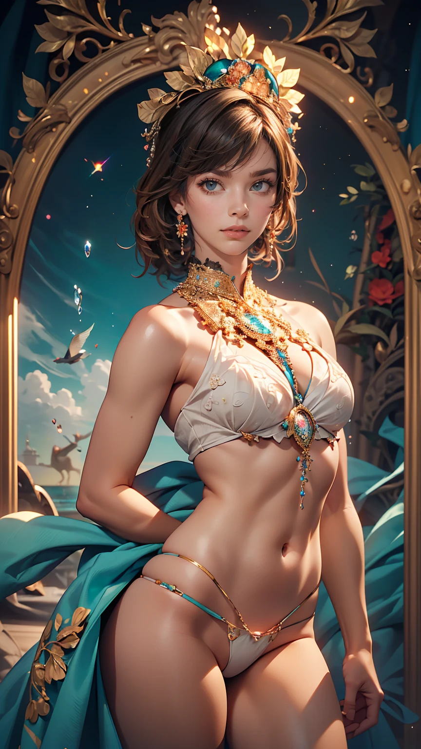 (masterpiece, highest quality, highest quality, Official Art, Beauty and aesthetics: 1.2), (One girl: 1.3), (Fractal Art: 1.3), Bright aqua blue eyes, Medium length hair with tassels, Nude midpart