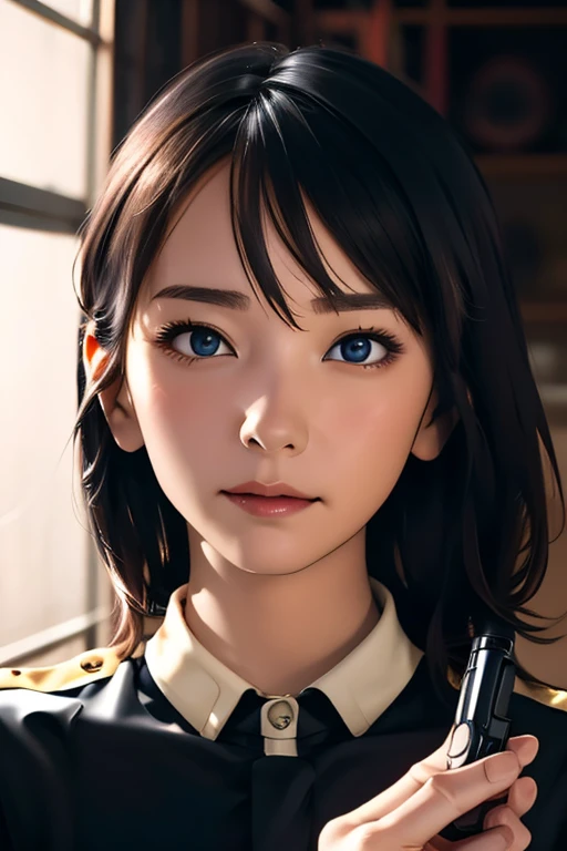 survival game、Black combat uniform、survival gameのフィールド、A beautiful girl is holding a pistol、head to waste、