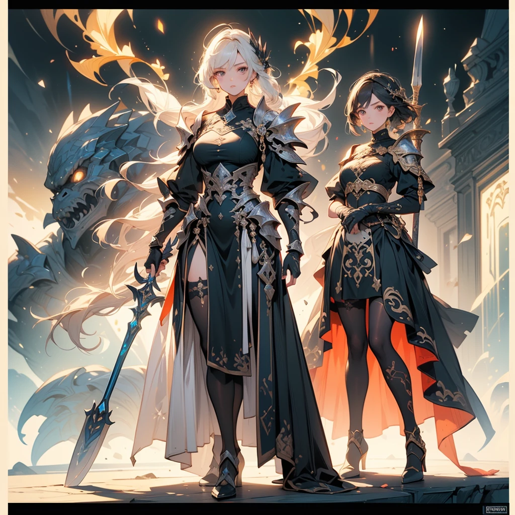 Design a layout showcase Gaming character, (1girl). Golden+Purle clothes, stylish and unique, ((showcase weapon:1.4)), magic staff, (masterpiece:1.2), (best quality), 4k, ultra-detailed, (Step by step design, layout art:1.5), (luminous lighting, atmospheric lighting), magican, ((glove full hands)), (((revealing clothes:1.3))), vambraces, armored legwear, (((full_body_shot:1.4)))
