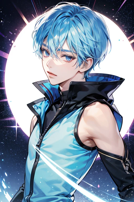 Akiratchi has light blue skin, short blue hair, and dark blue irises in the anime. He is based on the band member Takano Akira. SPARKLE; GLITTER