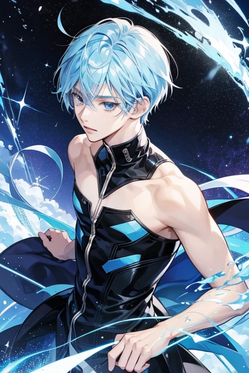 Akiratchi has light blue skin, short blue hair, and dark blue irises in the anime. He is based on the band member Takano Akira. SPARKLE; GLITTER