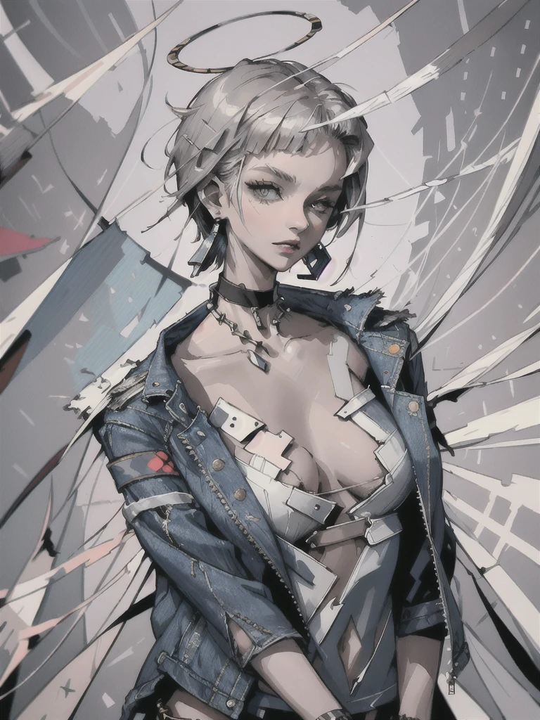 (masterpiece:1.2, best quality), (1lady, solo, upper body:1.2), Hair: buzz cut, Clothing: oversized, distressed denim jacket with patches and pins, paired with black skinny jeans and combat boots, Accessories: silver hoop earrings and a black choker necklace, Hanging out in an underground music venue or street art exhibit
