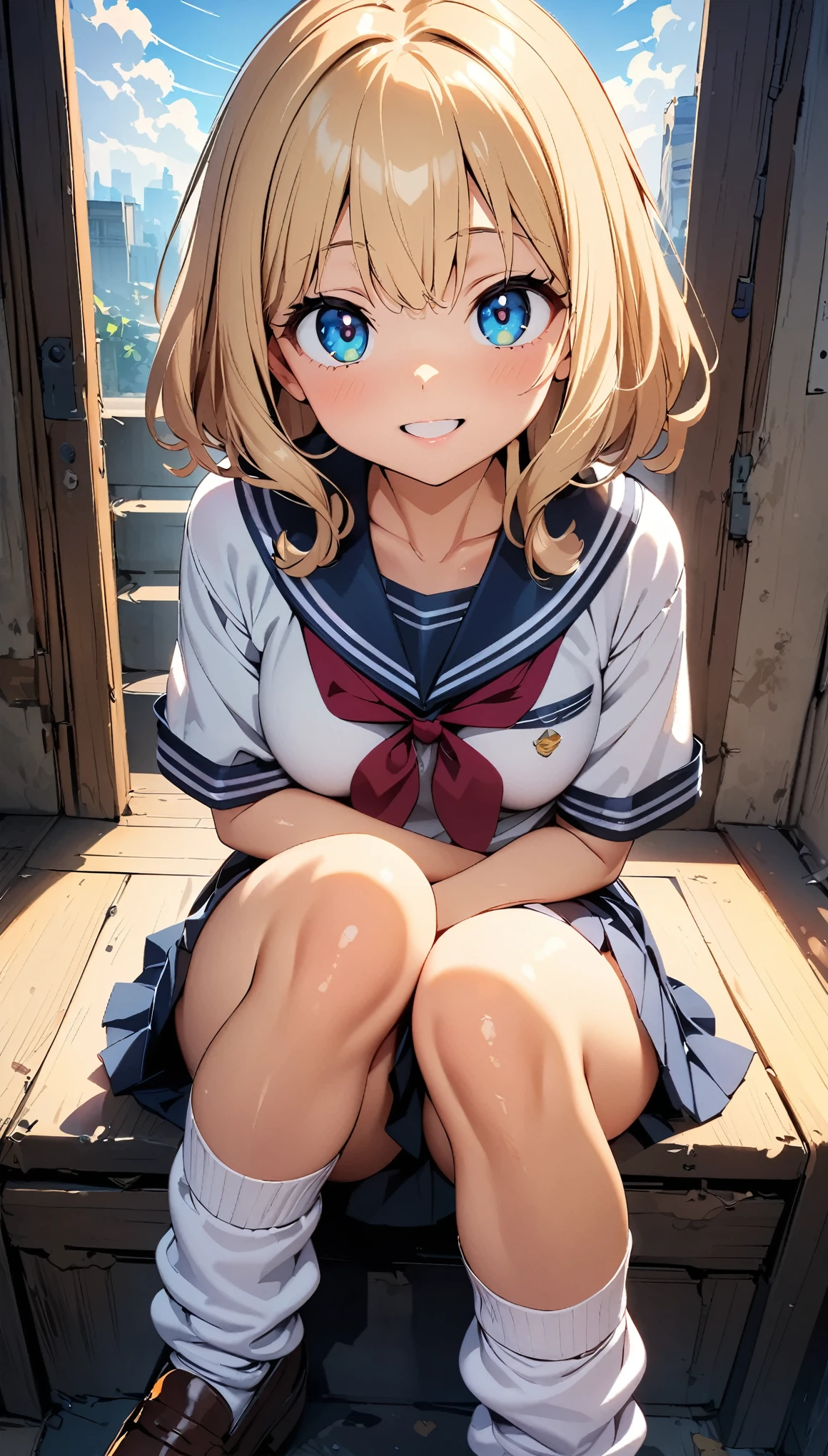 (highest quality:1.2, 4K, 8k, Studio Anime, Very detailed, Latest, Vibrant, High detail, High Contrast, masterpiece:1.2, highest quality, Best aesthetics), (((1 girl))), Sit and pose, jk, Sailor suit, Pleated skirt, loose socks, loafers, Please open your mouth a little:1.2, smile, Dynamic Angle, look up:1.3, Friendly atmosphere, Beautiful Hair, Shiny Hair, Beautiful Skin, detailed face and eyes, Glossy lips, female curvy beauty, Striking contrast,