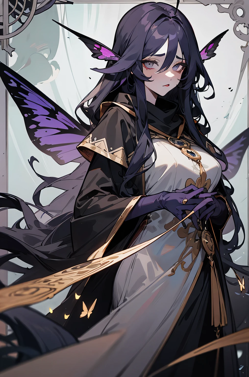 1girl, thirty years old, monster woman, solo, soothsayer, extremely delicate and seductive, mature, long and large soothsayer dress, deep eyes, long black purple wavy hair, white eyes, delicate skin, moth wings, moth antennas, neck furr scarf, moth woman, mature female, large dark dress with cape and hood, priestess dress, embroidery, dark evil scenery, gothic world, heavy flora, mystic atmosphere, monster girl, insect girl, masterpiece, best quality, 8K, tarot cards