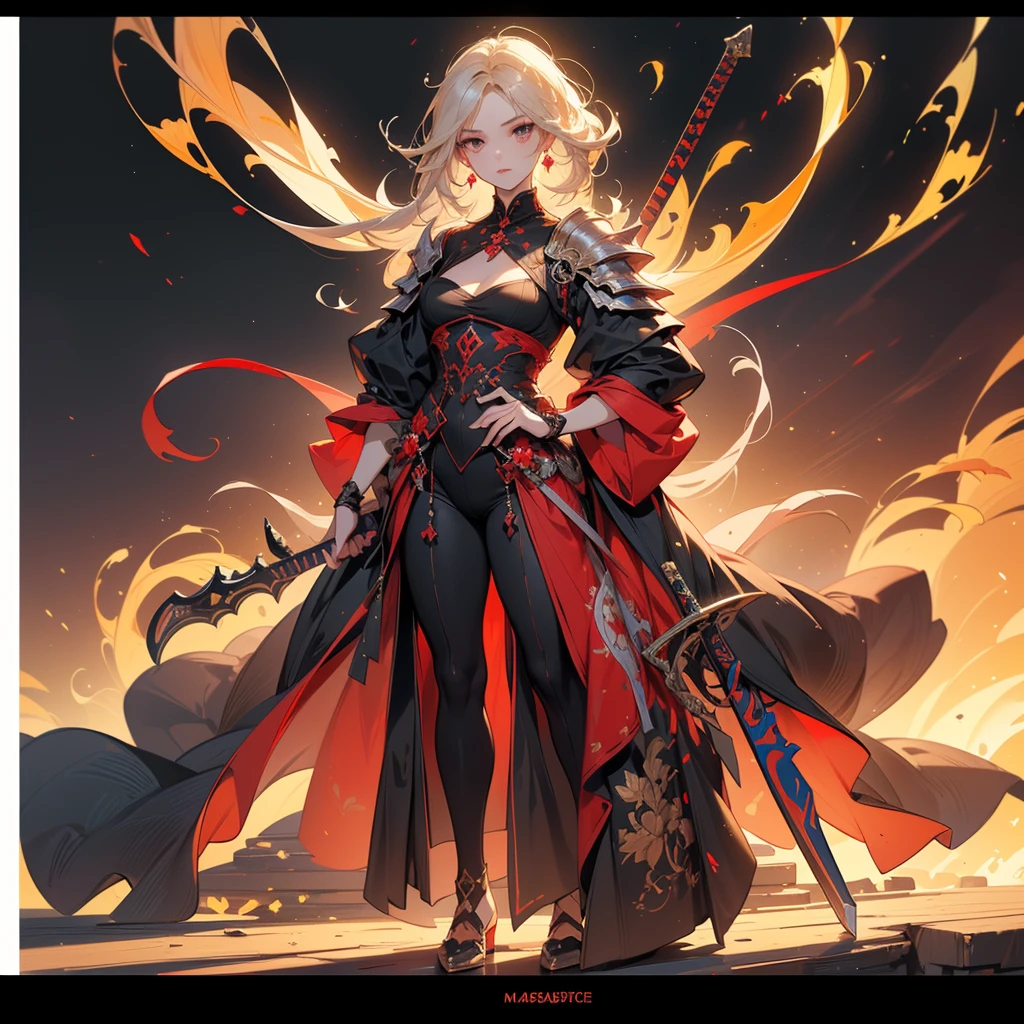 (((masterpiece, best quality, high detailed, perfect face, 8k)))Design a layout showcase Gaming character, (1girl). Red+Black clothes, stylish and unique, ((showcase weapon:1.4)), flaming sword, (masterpiece:1.2), (best quality), 4k, ultra-detailed, (Step by step design, layout art:1.5), (luminous lighting, atmospheric lighting), demon, ((glove full hands)), (((revealing clothes:1.3))), vambraces, armored legwear, (((full_body_shot:1.4))).
