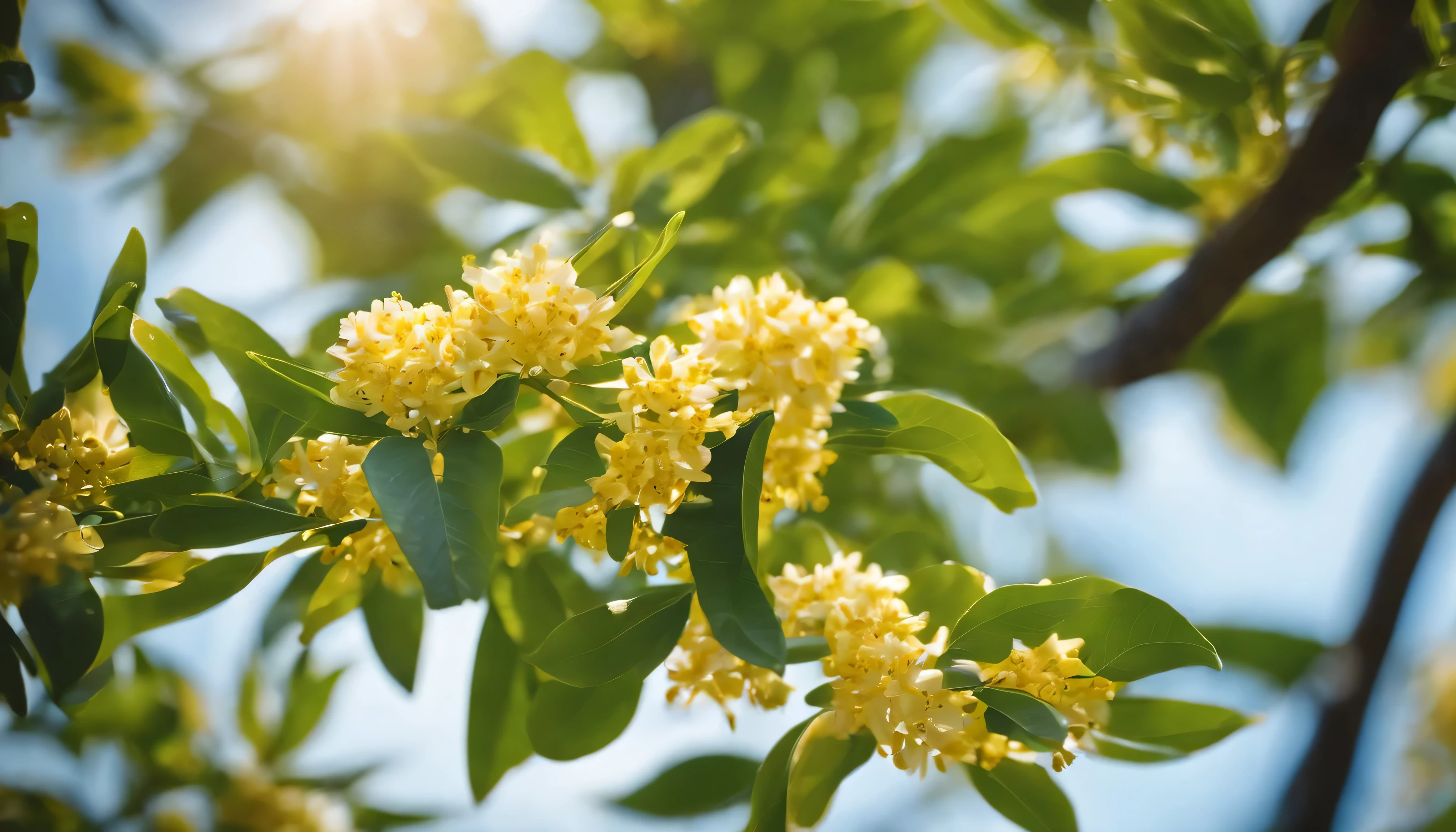 Beautiful sunshine，A sweet-scented osmanthus tree，Blue sky，Green leaves