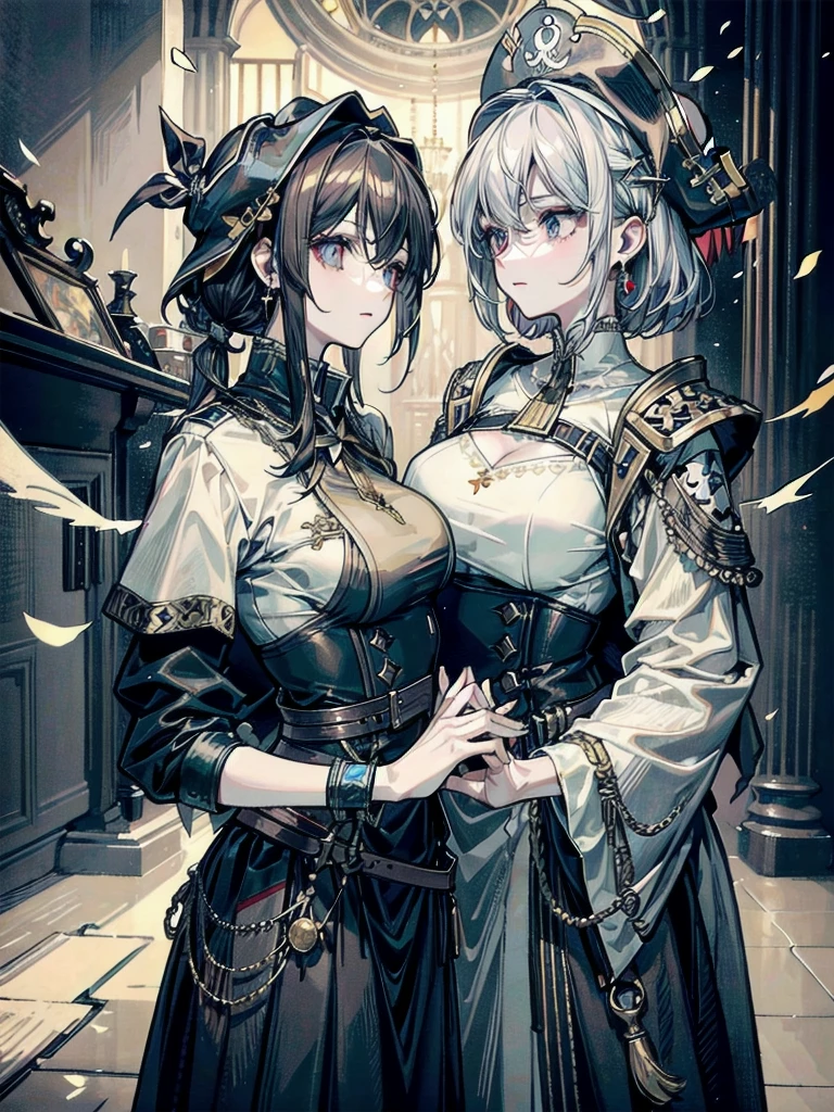 absurdres, RAW photo, extremely delicate and beautiful, masterpiece, Best Quality, ultra high resolution, 32k, hyperrealistic, ultra-detailed, detailed description, perfect anatomy, pale skin, 20 years old, detailed beautiful face and eyes, tearful mole, earring, short medium hair, wavy hair, whole body shot, colossal tits, ((yuri)), (((2 girls))), Practical pirate clothing, Long-sleeved pirate top, Skirt,Torn pirate hat,
