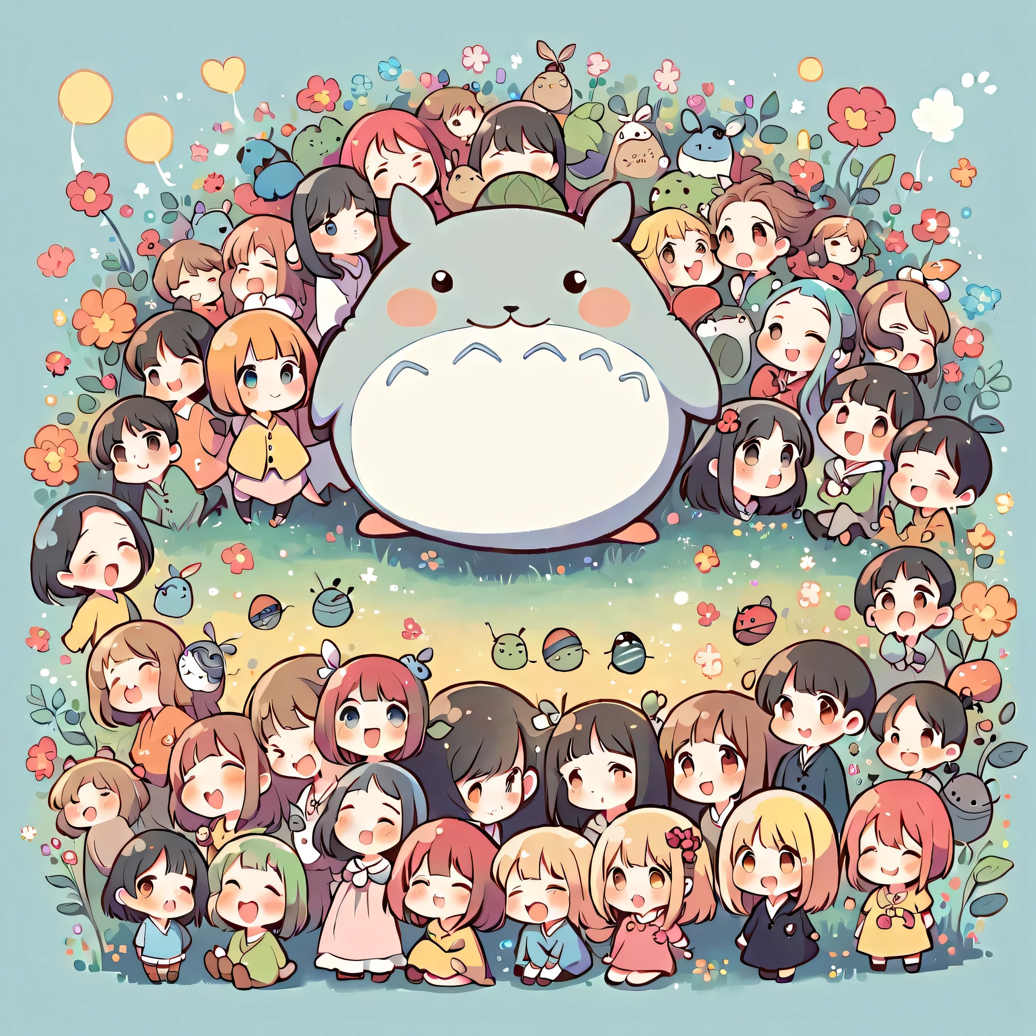 hayao miyazaki style, Kawaii Design, (((10 people)))、most beautiful girl ever、Chibi, Colorful bob hair、((Lots of friends))、(((Cute pillbug)))、Totoro Forest