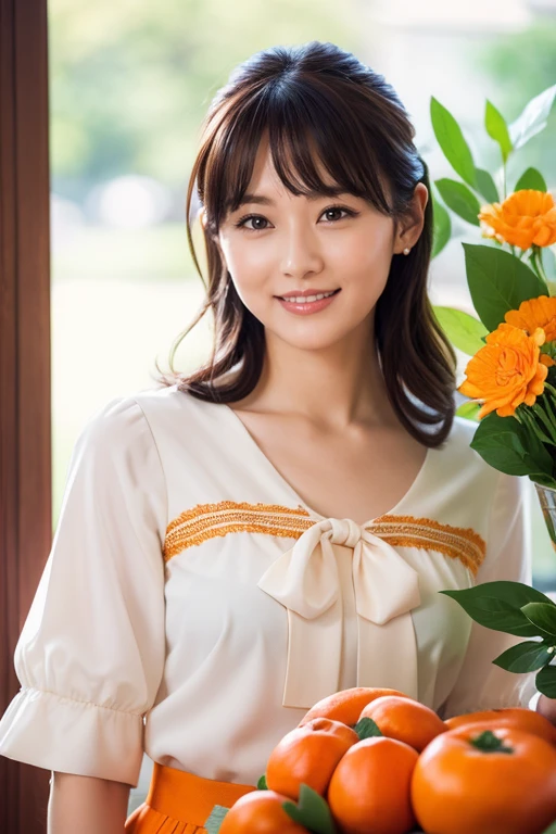 Medium display, Medium Shot, Depth of written border, bust, Upper Body, Movie angle, masterpiece, highest quality, Very detailed, CG, 8k wallpaper, Beautiful Face, Delicate eyes, Otome, alone, smile, bangs, skirt, shirt, have, persimmon orange色のドレス, bow, petal, bouquet