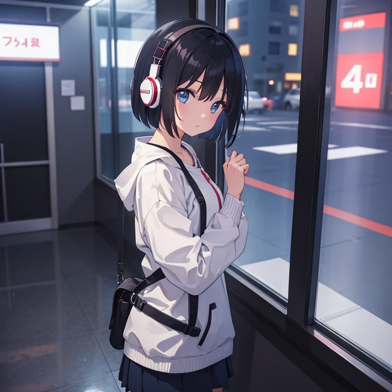 Cute girl wearing headphones and looking out the window at the city、Black Hair、Bob Hair、 Lo-fi Girl, Anime atmosphere, Lofi art style, Anime Style 4k,sparkle、