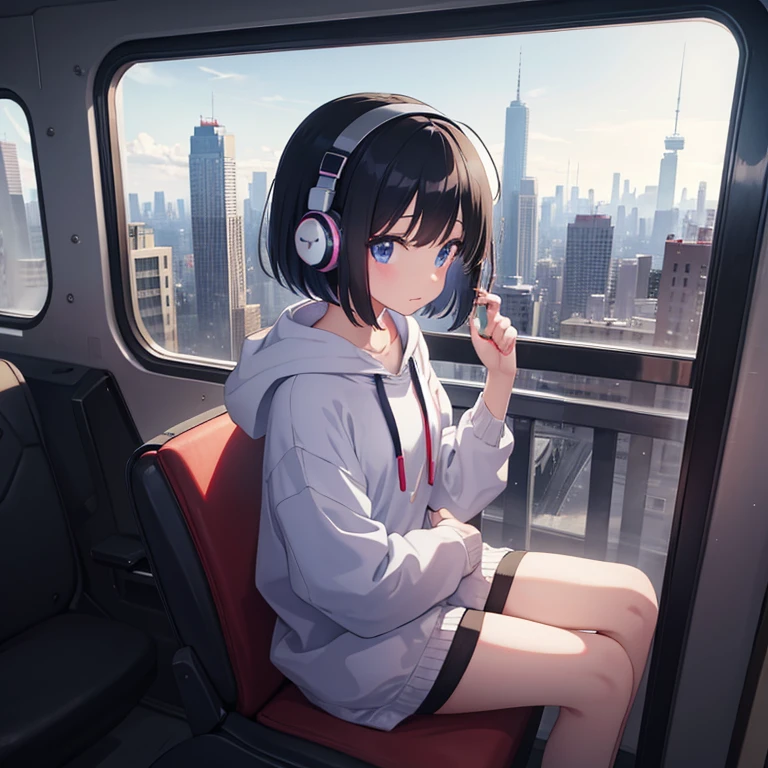 Cute girl wearing headphones and looking out the window at the city、Black Hair、Bob Hair、 Lo-fi Girl, Anime atmosphere, Lofi art style, Anime Style 4k,sparkle、