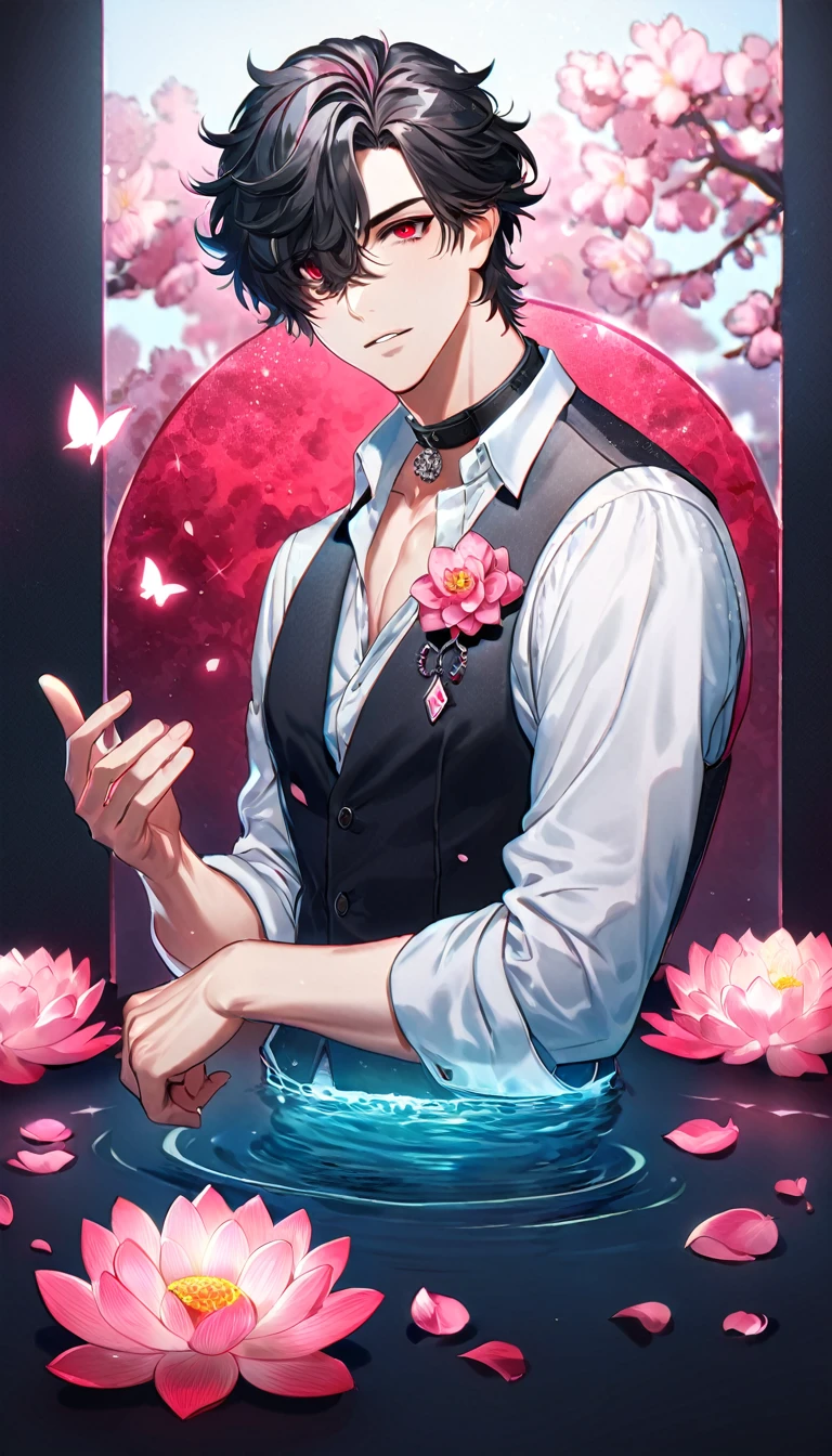 (absurdres, highres, ultra detailed, HDR), masterpiece, best quality, Louis, somewhat untamed black hair, hair over the right eye, expressive red eyes, Code Vein, solo, sexy man, handsome, white shirt with rolled-up sleeves, with the collar unbuttoned; over this, he wears a vest that gradually fades from red to black, water, pink lotus, pink butterflies, pink petals, blossoms, fantasy, magical
