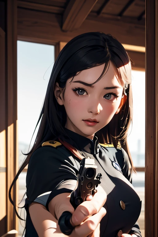survival game、Black combat uniform、survival gameのフィールド、A beautiful girl is holding a pistol、head to waste、