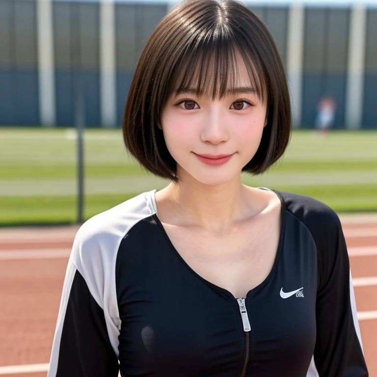 (kawaii 24 year-old Japanese girl, Nogizaka idol, Korean idol, track and field player), healthy female athlete body, (glossy black hair, very short hair, pixie cut, bangs:1.2), beautiful black eyes, rounded face, single eyelid, (no makeup:1.2), (soft smiling), (track jacket, sports leggins), extra small breasts, BREAK, (track and field stadium background, summer, sunny daytime:1.2), (dynamic angle, bust shot:1.2), BREAK, (masterpiece, best quality, photo realistic, official art:1.4), (UHD, 8K quality wallpaper, high resolution, raw photo, golden ratio:1.3), (shiny skin), professional lighting, physically based rendering, award winning, (highly detailed skin texture, extremely detailed face and eyes textures), Carl Zeiss 300 mm F/2.8, depth of field, (1girl, solo),