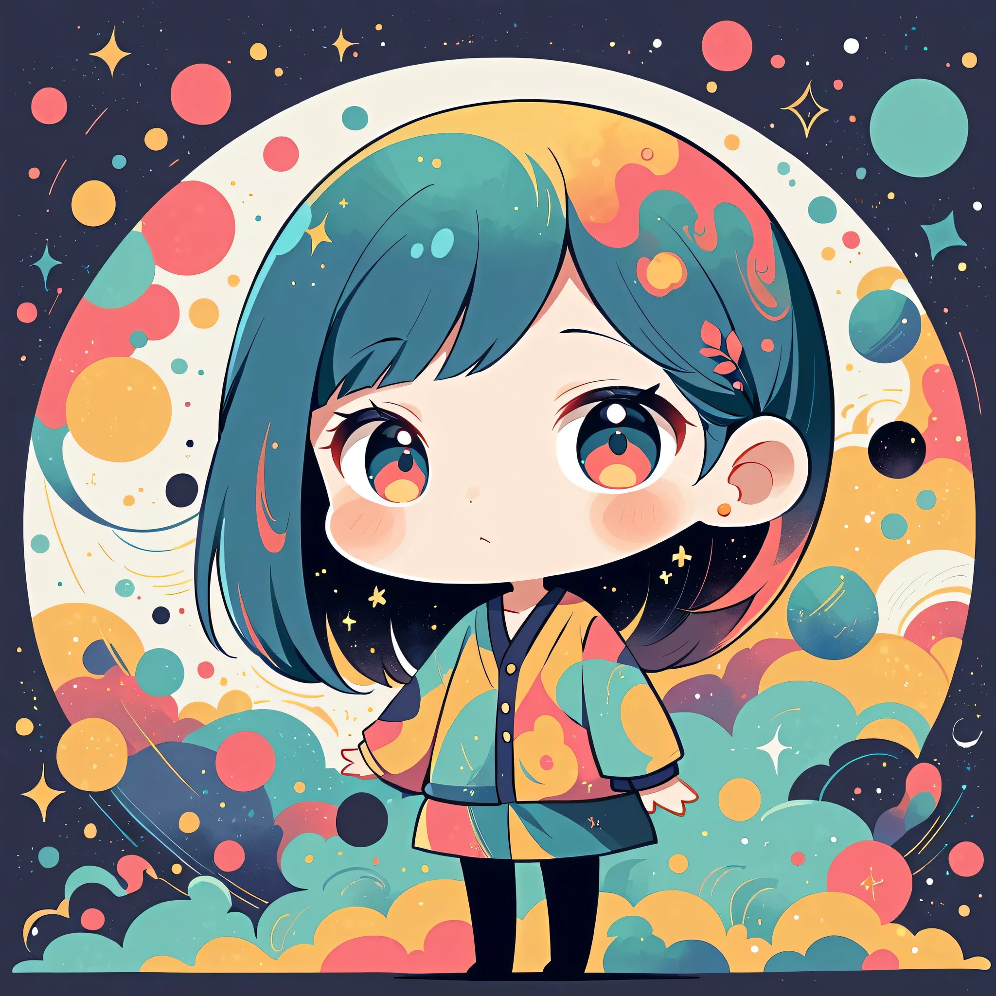 Watase Seizo style, Standing in front of a high wall,Simple Line Initialism,Abstract art,galactic universe Background, (((The most beautiful girl))), (((chibi)))