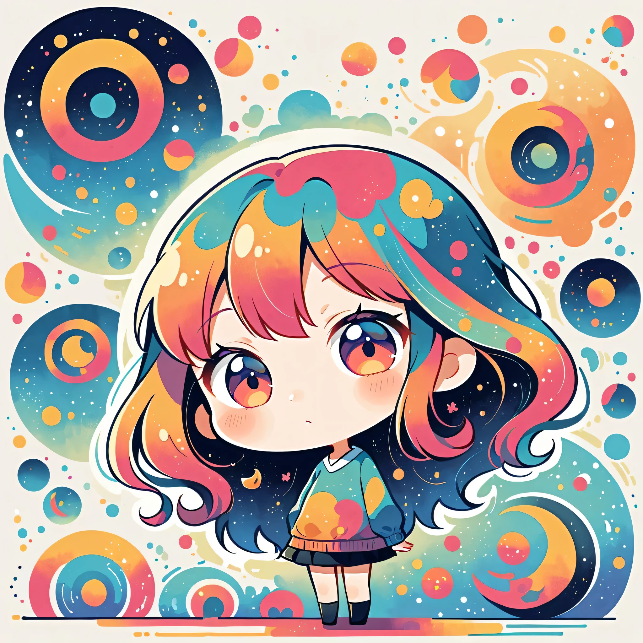 Watase Seizo style, Standing in front of a high wall,Simple Line Initialism,Abstract art,galactic universe Background, (((The most beautiful girl))), (((chibi)))