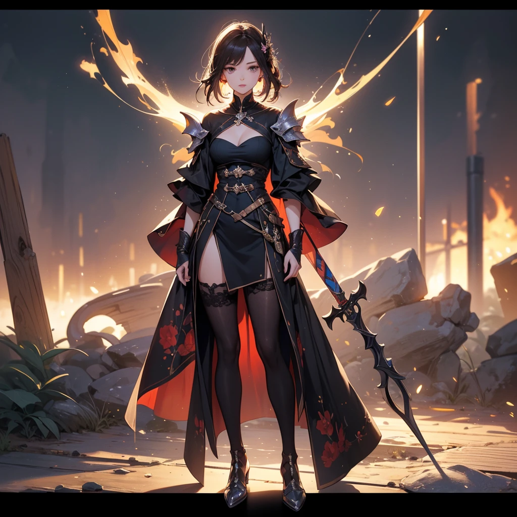 (((masterpiece, best quality, high detailed, perfect face, 8k)))Design a layout showcase Gaming character, (1girl). Red+Black clothes, stylish and unique, ((showcase weapon:1.4)), flaming sword, (masterpiece:1.2), (best quality), 4k, ultra-detailed, (Step by step design, layout art:1.5), (luminous lighting, atmospheric lighting), demon, ((glove full hands)), (((revealing clothes:1.3))), vambraces, armored legwear, (((full_body_shot:1.4))).