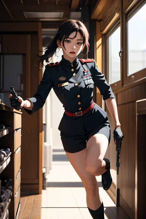 survival game、Black combat uniform、survival gameのフィールド、A beautiful girl is holding a pistol、head to waste、